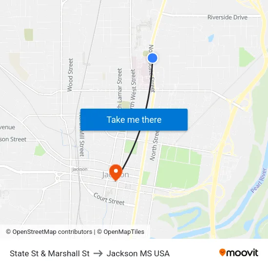 State St & Marshall St to Jackson MS USA map