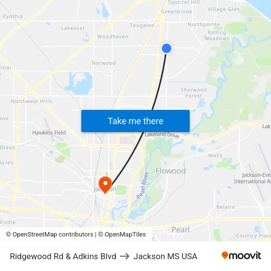 Ridgewood Rd & Adkins Blvd to Jackson MS USA map