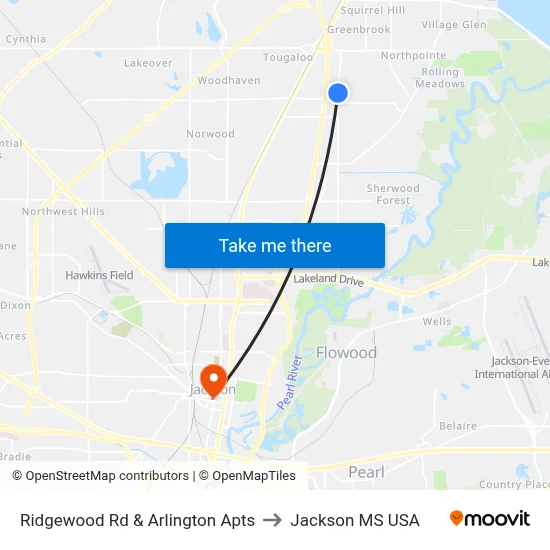Ridgewood Rd & Arlington Apts to Jackson MS USA map
