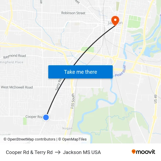 Cooper Rd & Terry Rd to Jackson MS USA map