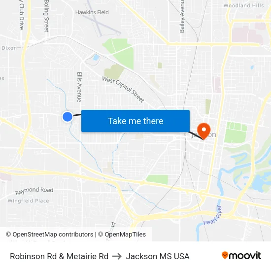 Robinson Rd & Metairie Rd to Jackson MS USA map