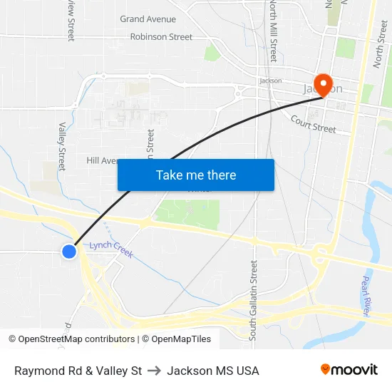 Raymond Rd & Valley St to Jackson MS USA map