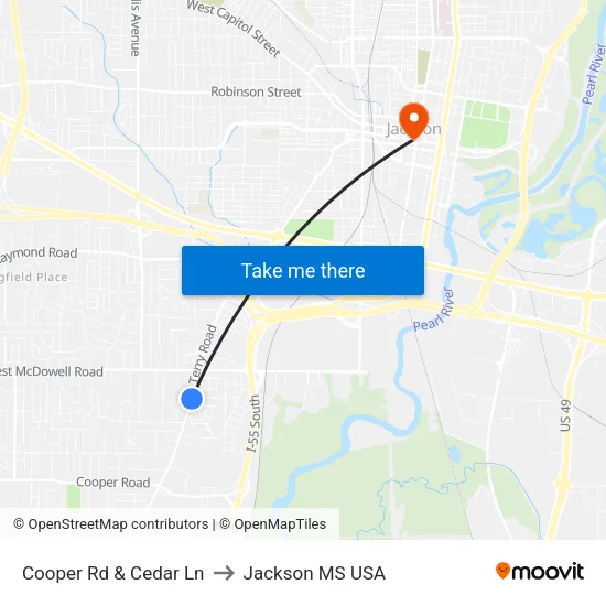 Cooper Rd & Cedar Ln to Jackson MS USA map