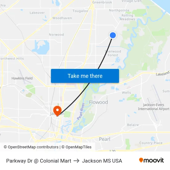 Parkway Dr @ Colonial Mart to Jackson MS USA map