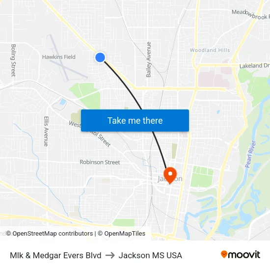 Mlk & Medgar Evers Blvd to Jackson MS USA map