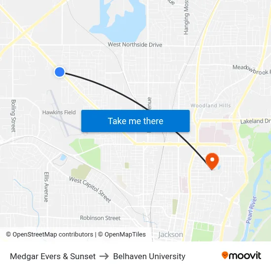 Medgar Evers & Sunset to Belhaven University map