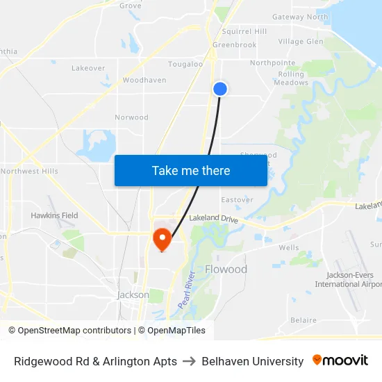 Ridgewood Rd & Arlington Apts to Belhaven University map