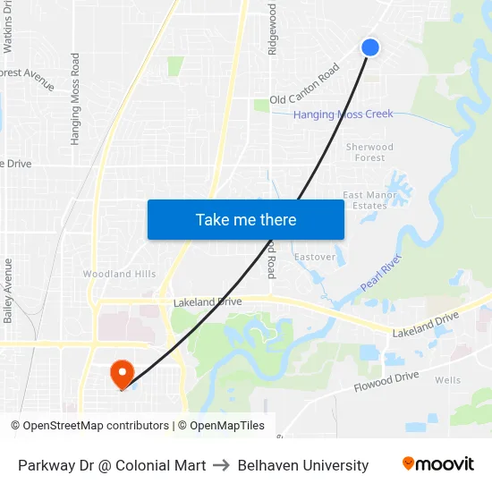 Parkway Dr @ Colonial Mart to Belhaven University map