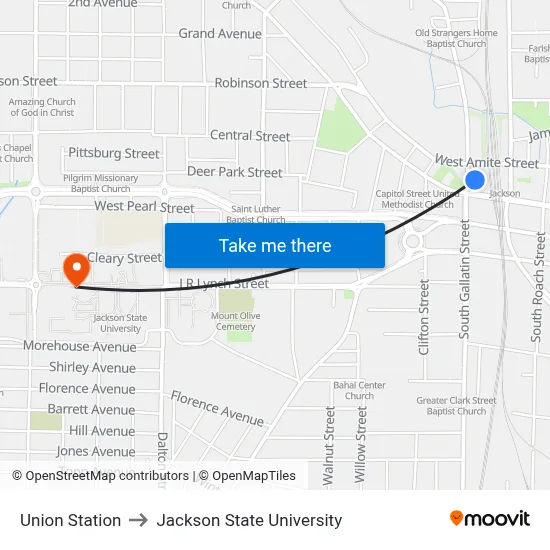 Union Station to Jackson State University map