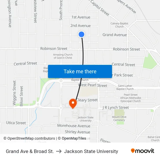 Grand Ave & Broad St. to Jackson State University map
