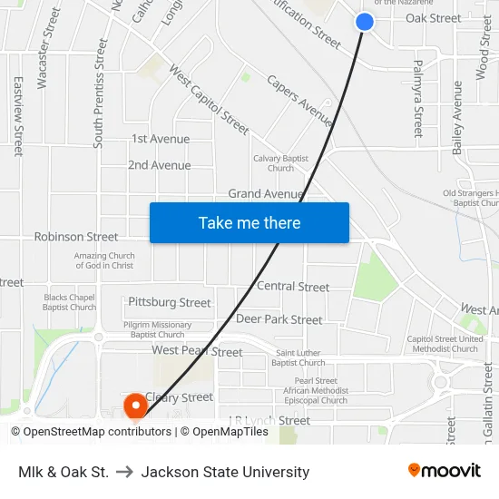 Mlk & Oak St. to Jackson State University map
