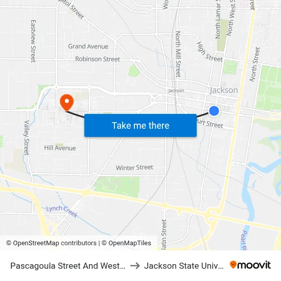 Pascagoula Street And West Street to Jackson State University map