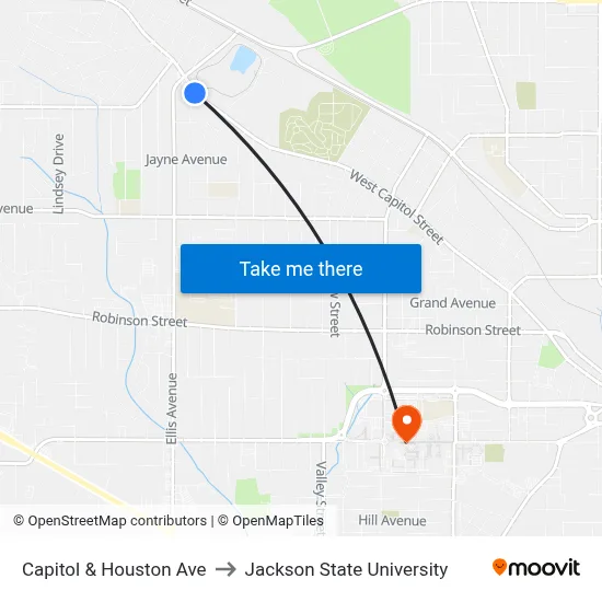 Capitol & Houston Ave to Jackson State University map