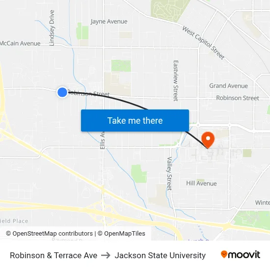 Robinson & Terrace Ave to Jackson State University map