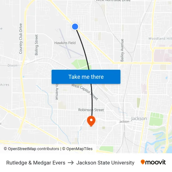 Rutledge & Medgar Evers to Jackson State University map