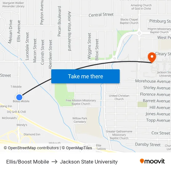 Ellis/Boost Mobile to Jackson State University map