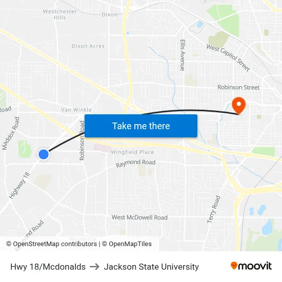 Hwy 18/Mcdonalds to Jackson State University map