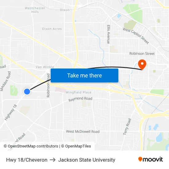 Hwy 18/Cheveron to Jackson State University map