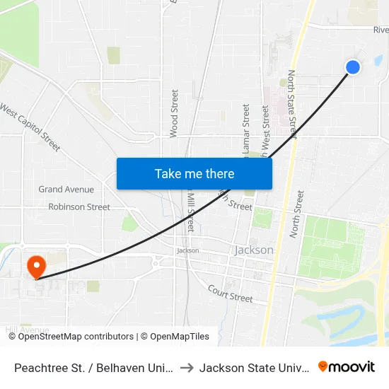 Peachtree St. / Belhaven University to Jackson State University map