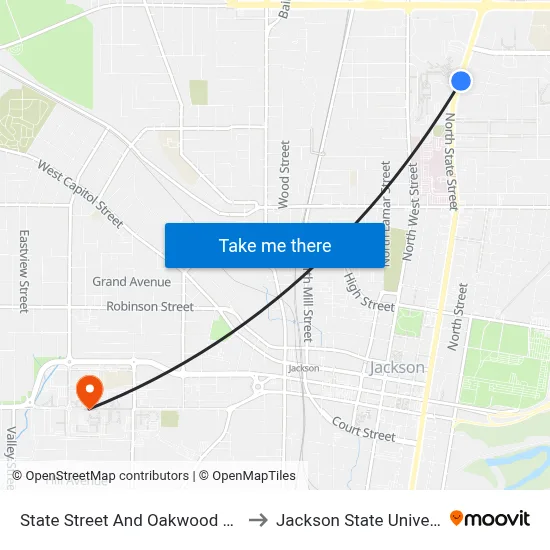 State Street And Oakwood Street to Jackson State University map