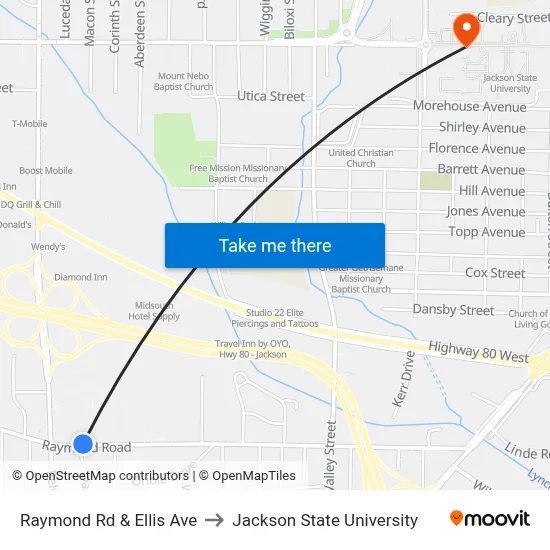 Raymond Rd & Ellis Ave to Jackson State University map