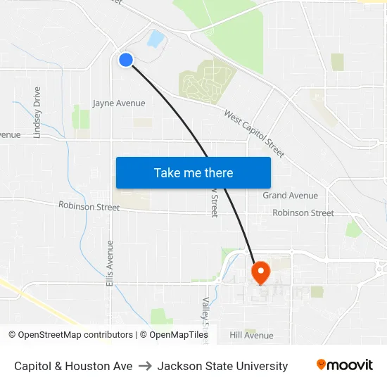 Capitol & Houston Ave to Jackson State University map