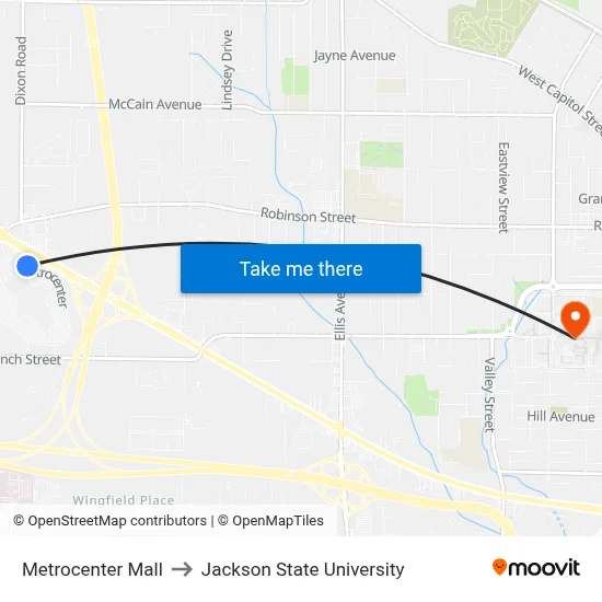 Metrocenter Mall to Jackson State University map