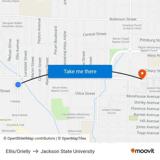 Ellis/Orielly to Jackson State University map