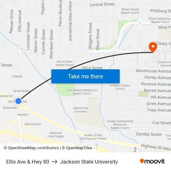 Ellis Ave & Hwy 80 to Jackson State University map