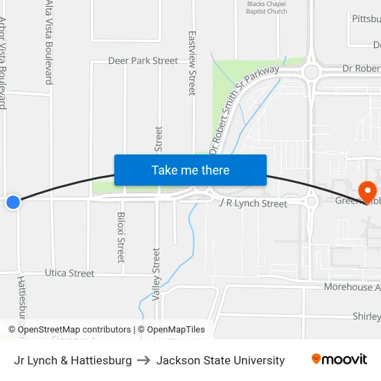 Jr Lynch & Hattiesburg to Jackson State University map