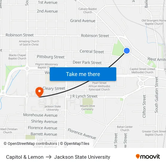 Capitol & Lemon to Jackson State University map