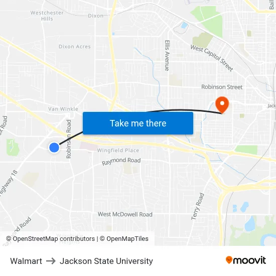 Walmart to Jackson State University map