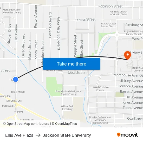 Ellis Ave Plaza to Jackson State University map