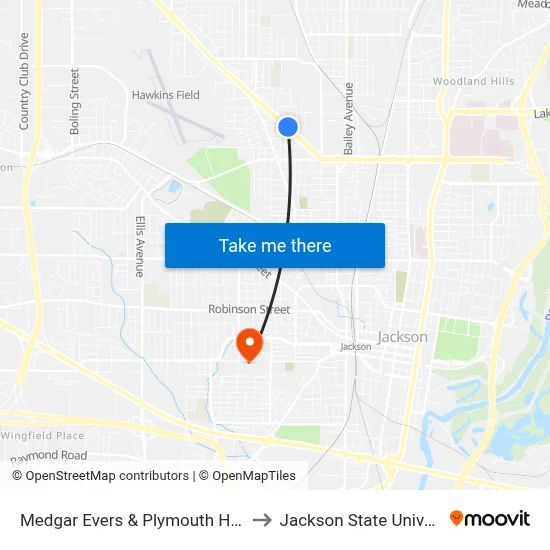 Medgar Evers & Plymouth Heights to Jackson State University map