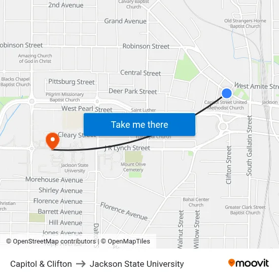 Capitol & Clifton to Jackson State University map