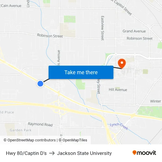 Hwy 80/Captin D's to Jackson State University map