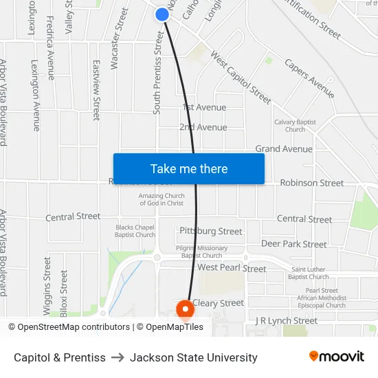 Capitol & Prentiss to Jackson State University map