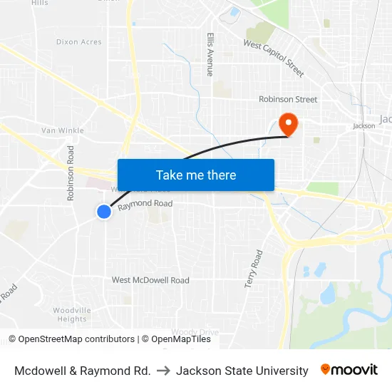 Mcdowell & Raymond Rd. to Jackson State University map