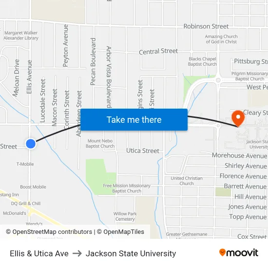 Ellis & Utica Ave to Jackson State University map