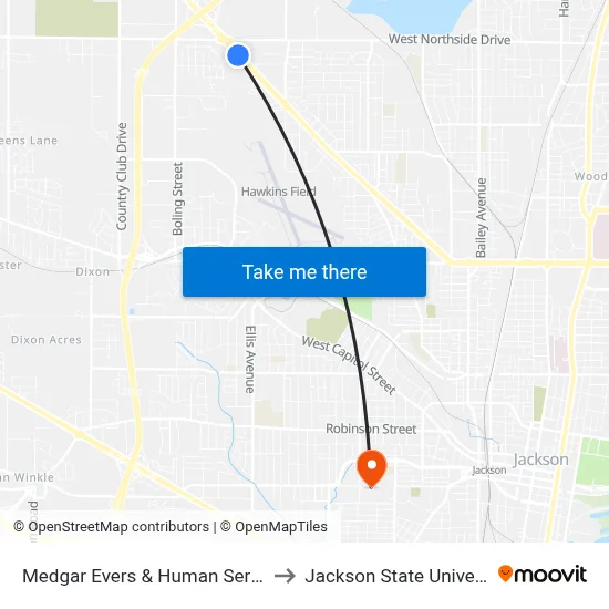 Medgar Evers & Human Services to Jackson State University map