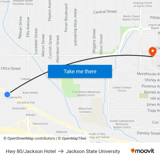 Hwy 80/Jackson Hotel to Jackson State University map