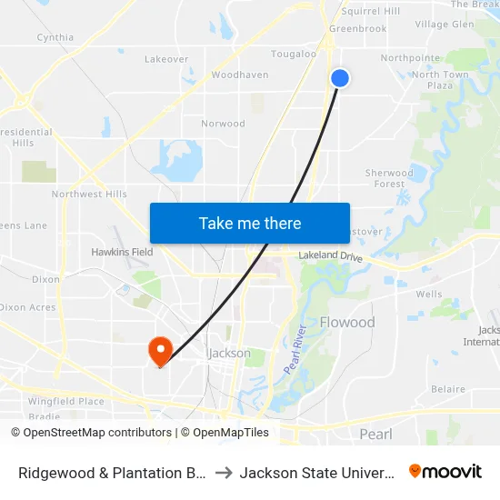 Ridgewood & Plantation Blvd to Jackson State University map