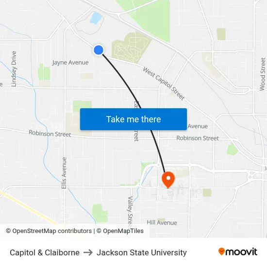 Capitol & Claiborne to Jackson State University map