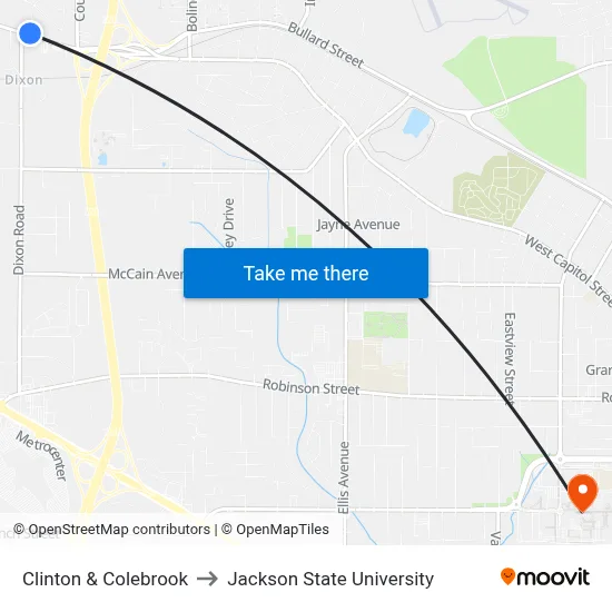 Clinton & Colebrook to Jackson State University map