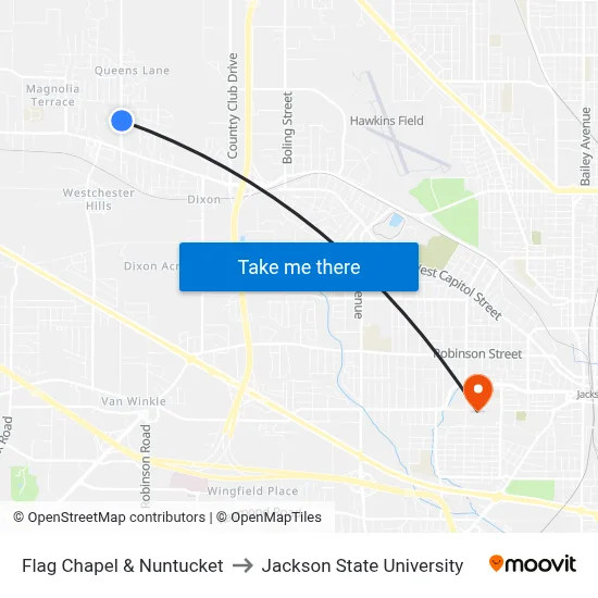 Flag Chapel & Nuntucket to Jackson State University map