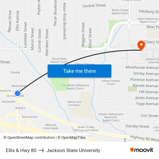 Ellis & Hwy 80 to Jackson State University map