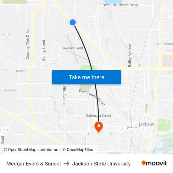 Medgar Evers & Sunset to Jackson State University map