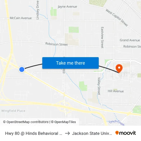 Hwy 80 @ Hinds Behavioral Health to Jackson State University map