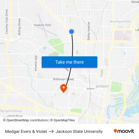 Medgar Evers & Violet to Jackson State University map