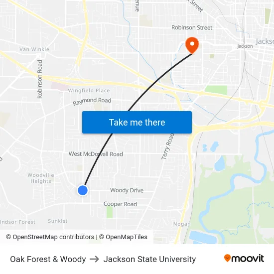 Oak Forest & Woody to Jackson State University map